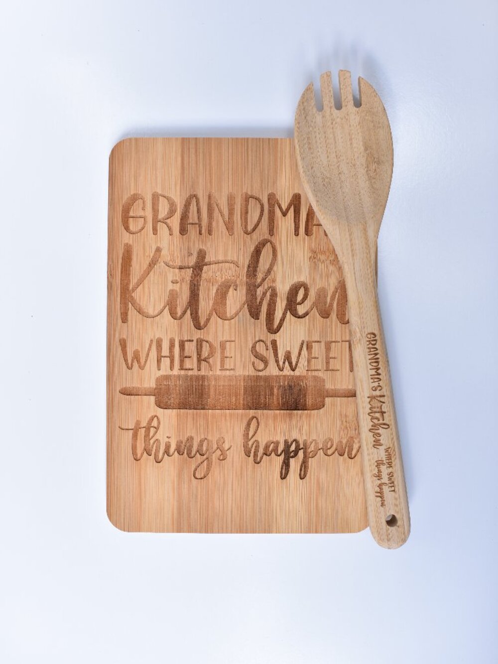 Grandma's Kitchen Engraved Bamboo Cutting Board and Matching Wooden Utensil Set